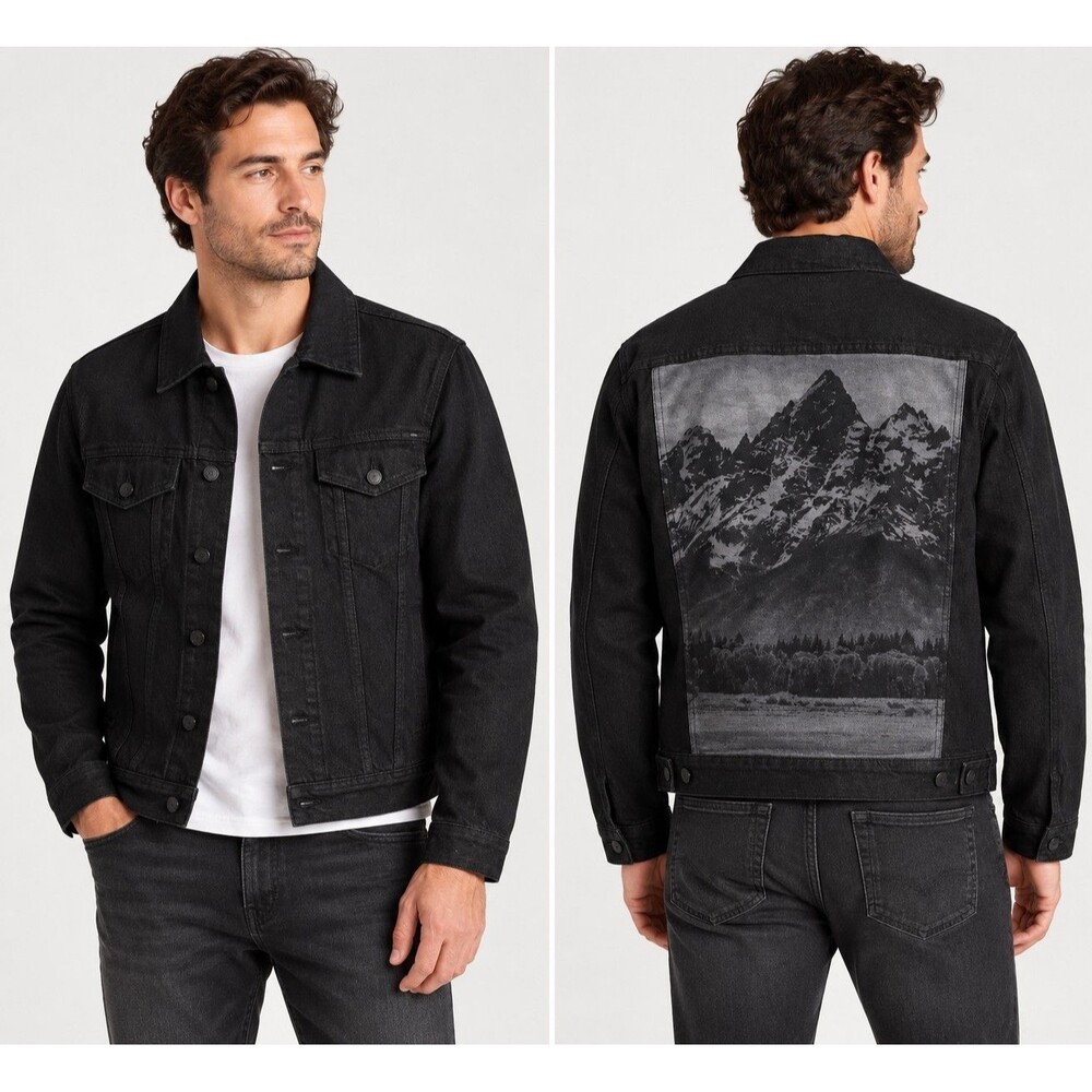 NWT AG Dart Denim Trucker Jacket Men’s XL Black Mountain Graphic Back $255